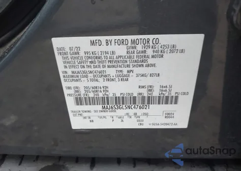 2022 Ford Ecosport Se z USA, uszkodzony, nr VIN MAJ6S3GL5NC476021